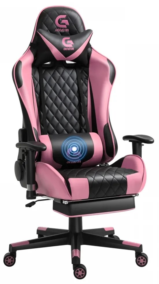 Scaun gaming, masaj în perna lombară, sezut benzi elastice sustinere, cotiere 3D, suport picioare, funcție sezlong, Negru/Roz