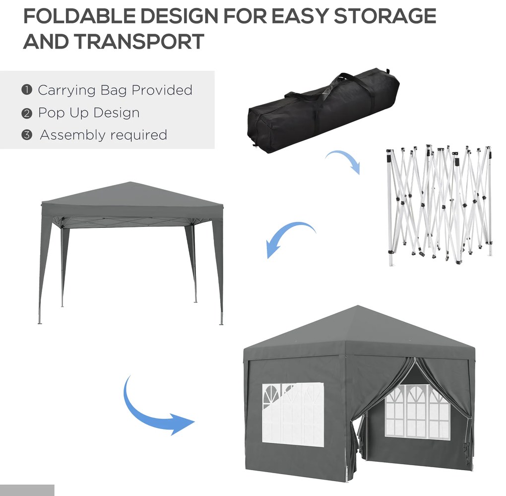 Outsunny Foișor de Grădină Impermeabil, cu Panouri Laterale Pliabile din Oțel și Acoperiș, 2,95x2,95x2,58 m, Gri | Aosom Romania