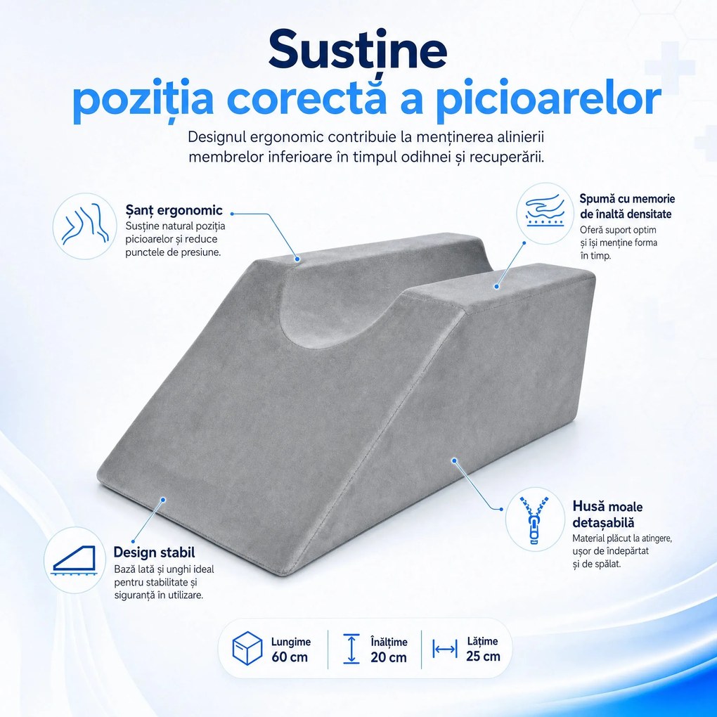 Perna ortopedica ridicare picioare memory foam 45°, husa catifea, Gri