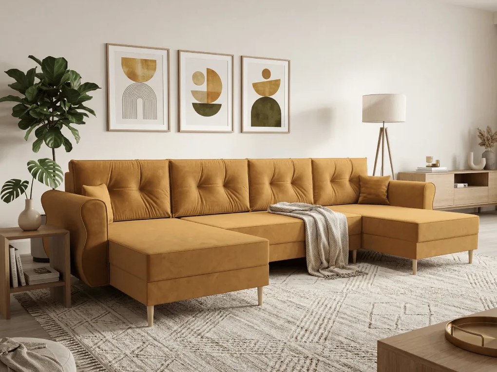 Coltar extensibil in forma de U SILVIANO, mustar, 300x140 cm + 2 perne GRATUIT