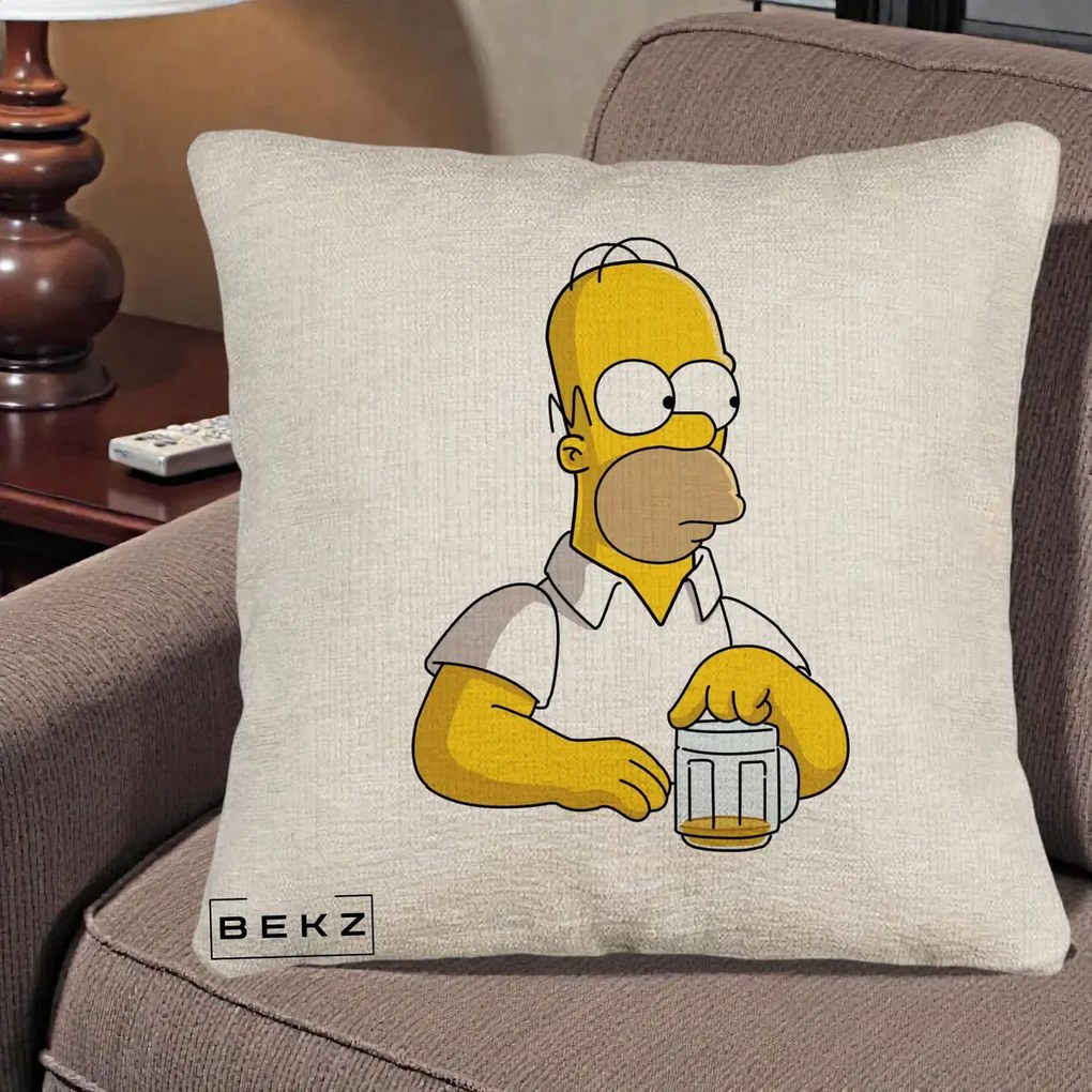 Perna Personalizata Homer Simpson cu Bere, 40x40 cm, Bej Canapea, Husa Detasabila, Perna Inclusa, BEKZ®