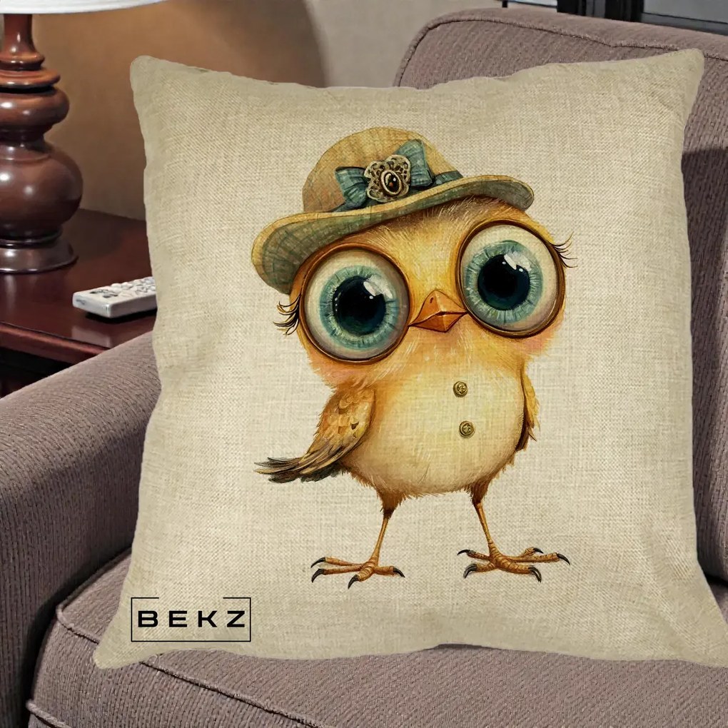 Perna Decorativa Pui Elegant cu Palarie Teal, 40x40 cm, Crem, Husa Detasabila, Perna Inclusa, BEKZ®