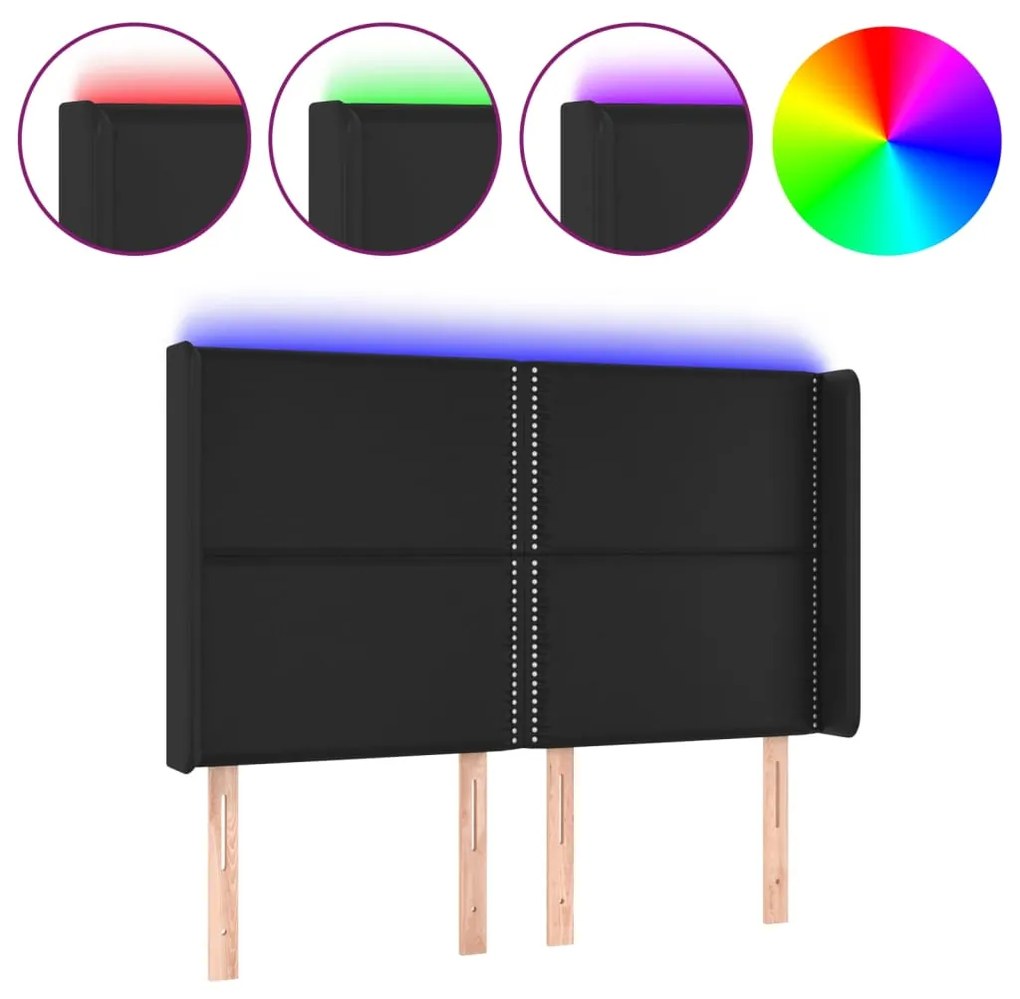 vidaXL Tăblie de pat cu LED, negru, 147x16x118/128 cm, piele ecologică