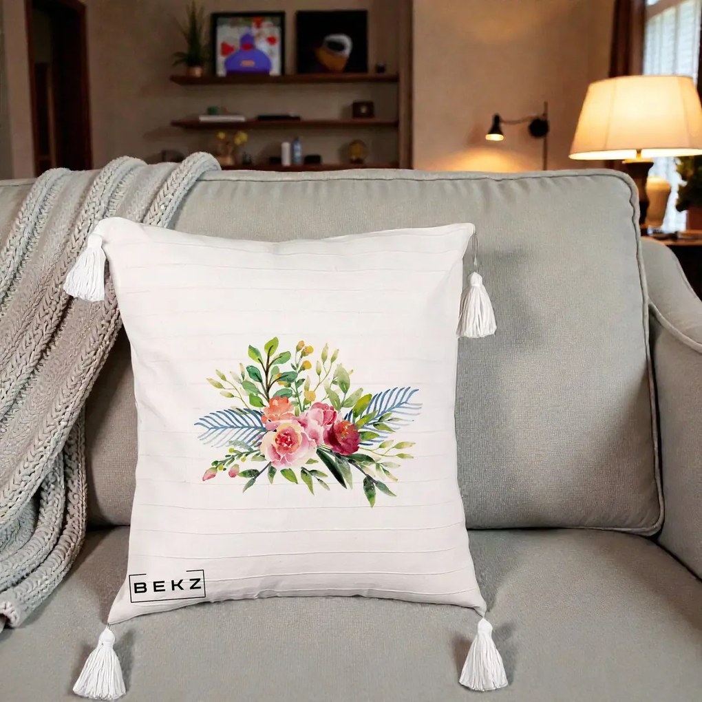 Perna Decorativa Buchet Flori Acuarela Roz-Verde, 40x40 cm, Bej cu Franjuri, Husa Detasabila, Perna Inclusa, BEKZ®