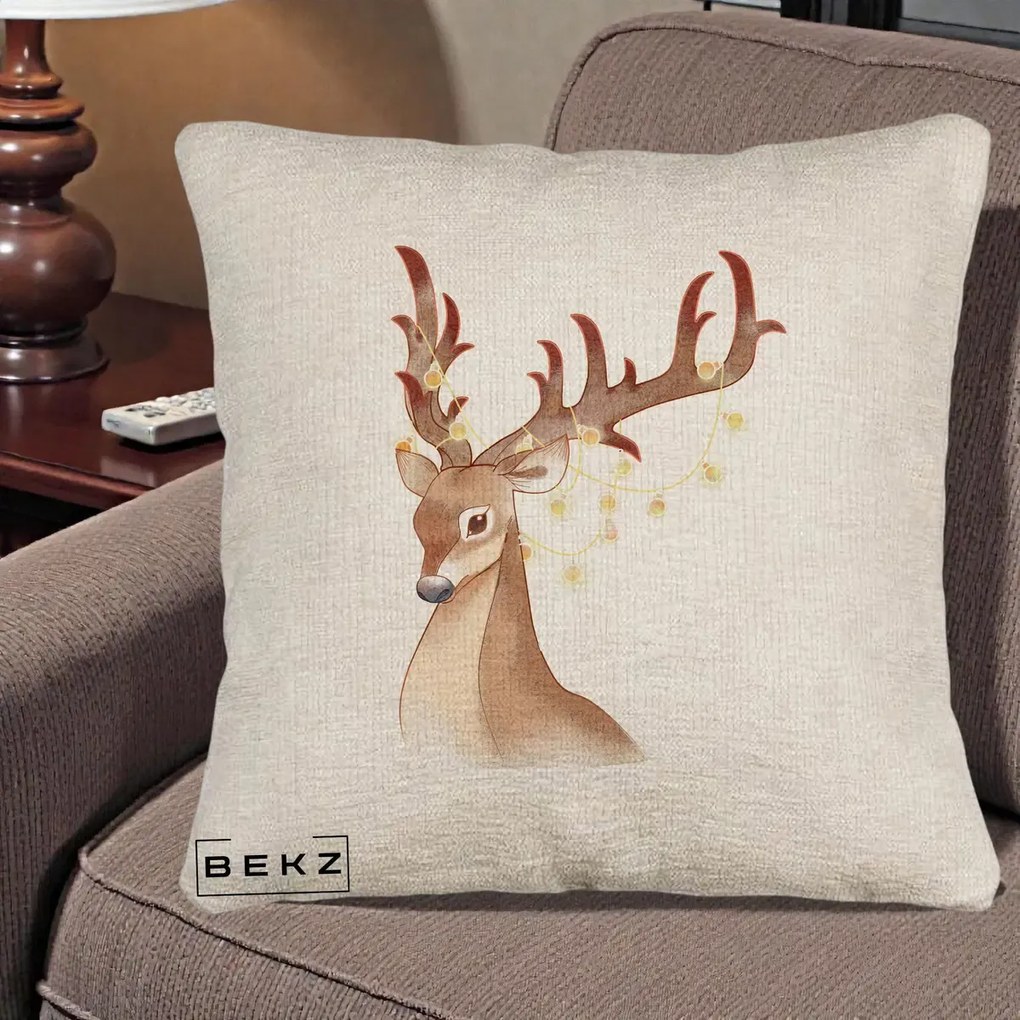Perna Decorativa Ren cu Luminite de Craciun, 40x40 cm, Bej Canapea, Husa Detasabila, Perna Inclusa, BEKZ®