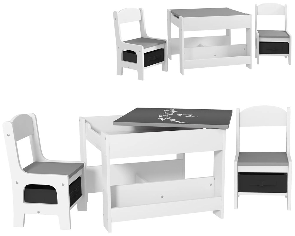 HOMCOM Set de Masă și Scaun pentru Copii, Set de Birou și Scaun pentru Copii 2-în-1 cu Tablă și Rafturi pentru Cărți, 61.5x61.5x48 cm, Gri | Aosom Romania