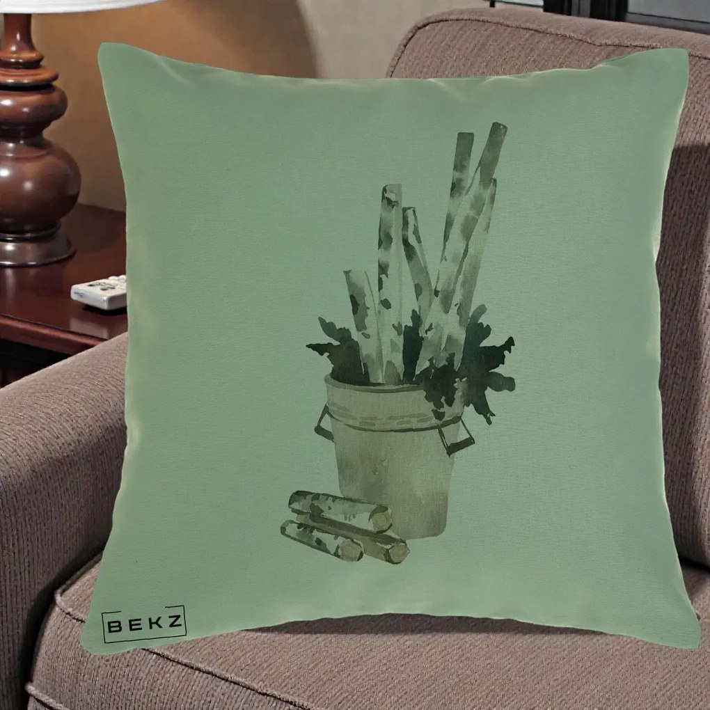 Perna Decorativa Butuci de Mesteacan Watercolor, 40x40 cm, Verde, Husa Detasabila, Perna Inclusa, BEKZ®