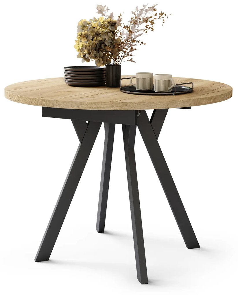 Mazzoni ALMO Stejar Craft Auriu/picioare negre - MASĂ ROTUNDĂ EXTENSIBILĂ CU PICIOARE ÎN FORMĂ DE Y STIL LOFT PENTRU SALON/SUFRAGERIE