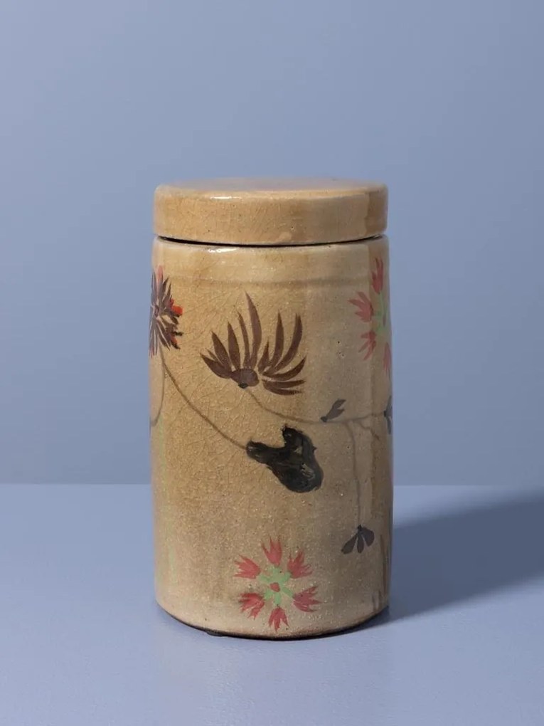 Borcan din ceramică artizanală natur cu capac, motive florale și păsări pictate manual, maro și roșu, 22 × 12 cm, „Campana"