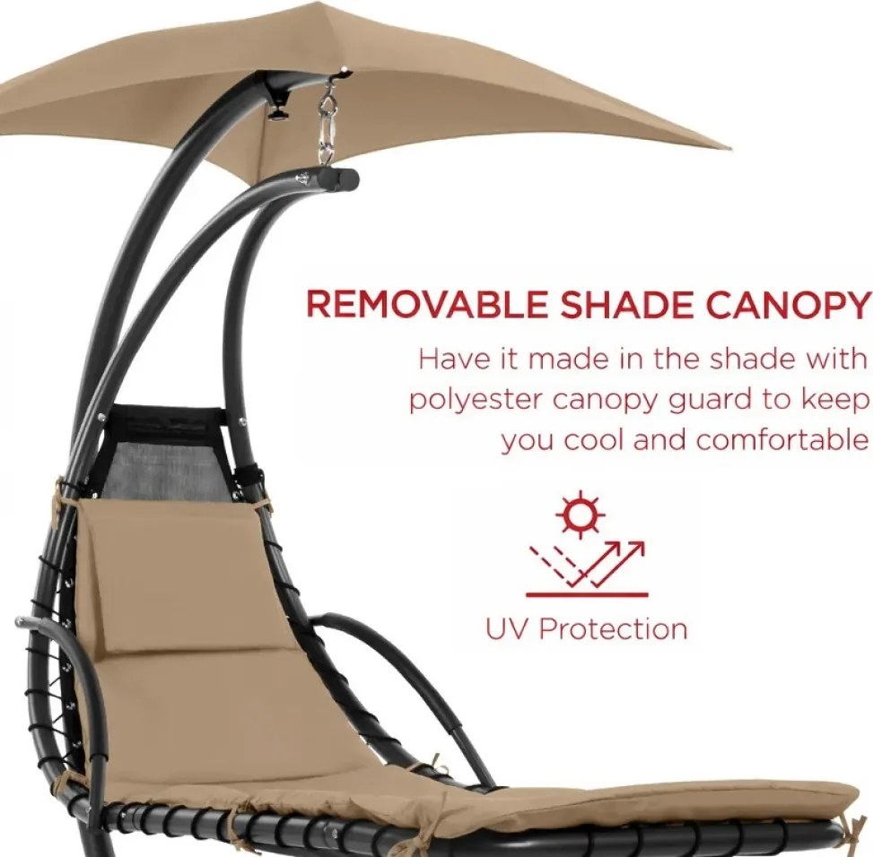 Șezlong suspendat din oțel, cu pernă încorporată, baldachin detașabil, Bej Tan