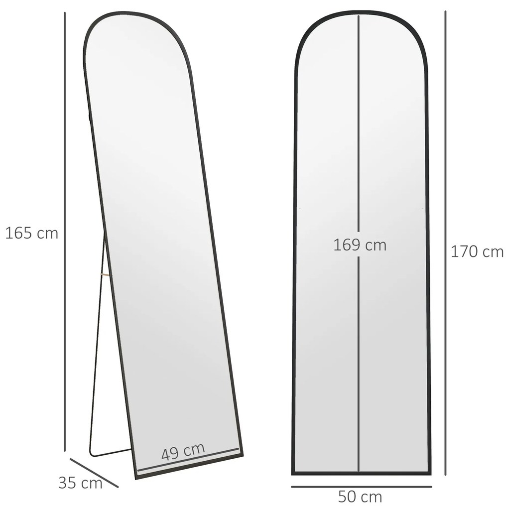 HOMCOM Oglindă de Podea și Perete Modernă din Aliaj de Aluminiu cu Suport Pliabil, 50x170 cm, Neagră | Aosom Romania