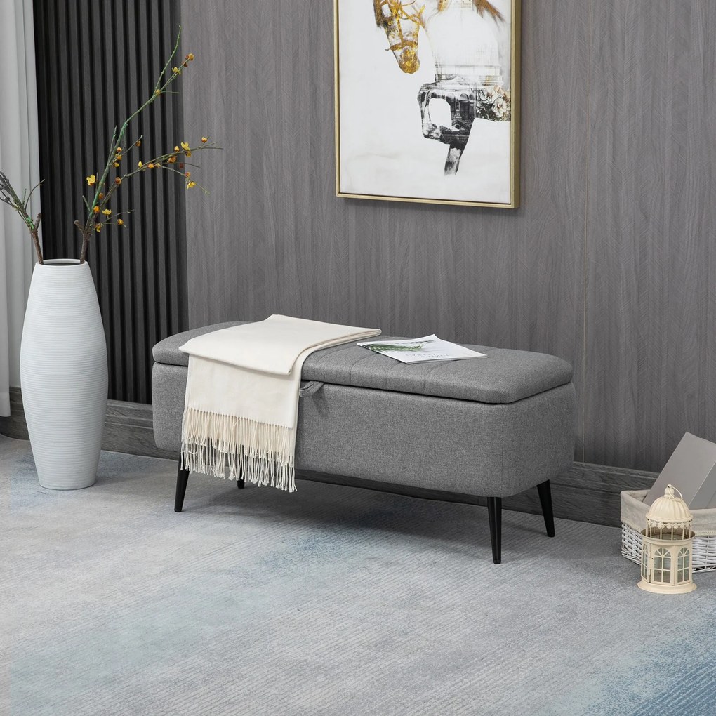 HOMCOM Bancă cu spațiu de depozitare, bancă tapițată cu aspect de in, cutie de depozitare cu picioare din oțel 102 x 40 x 44 cm, Gri | Aosom Romania
