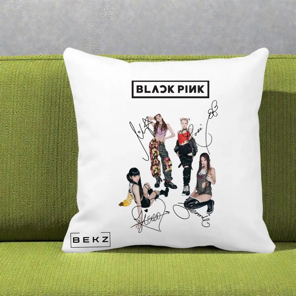Perna Personalizata K-pop BLACKPINK Fotografie Grup Autografe Toate Membre, 40x40 cm, Alba Mata, Husa Detasabila, Perna Inclusa, BEKZ®