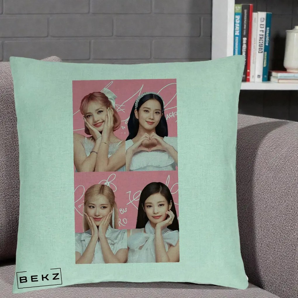 Perna Personalizata K-pop BLACKPINK Colaj Roz, 40x40 cm, Verde Menta, Husa Detasabila, Perna Inclusa, BEKZ®