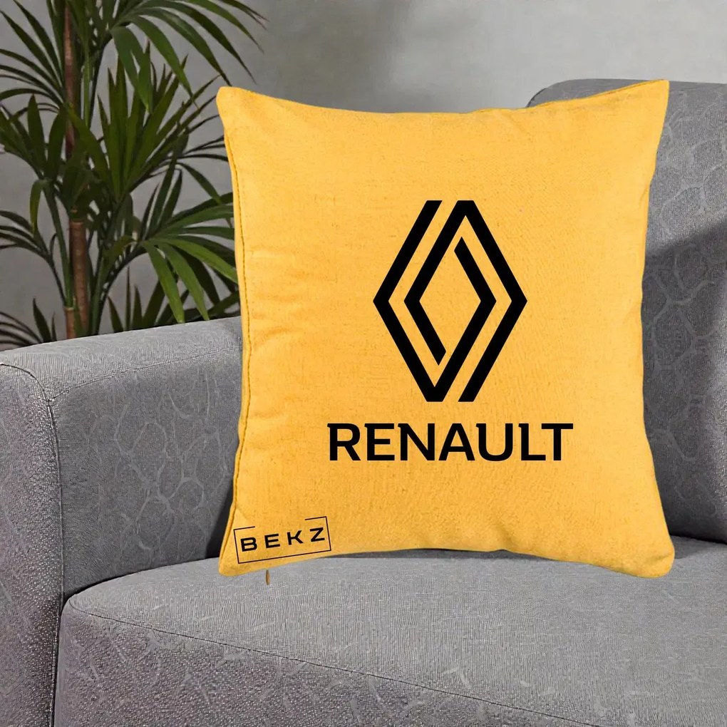 Perna Personalizata cu emblema Renault, 40x40 cm, Galben, Husa Detasabila, Perna Inclusa, BEKZ®