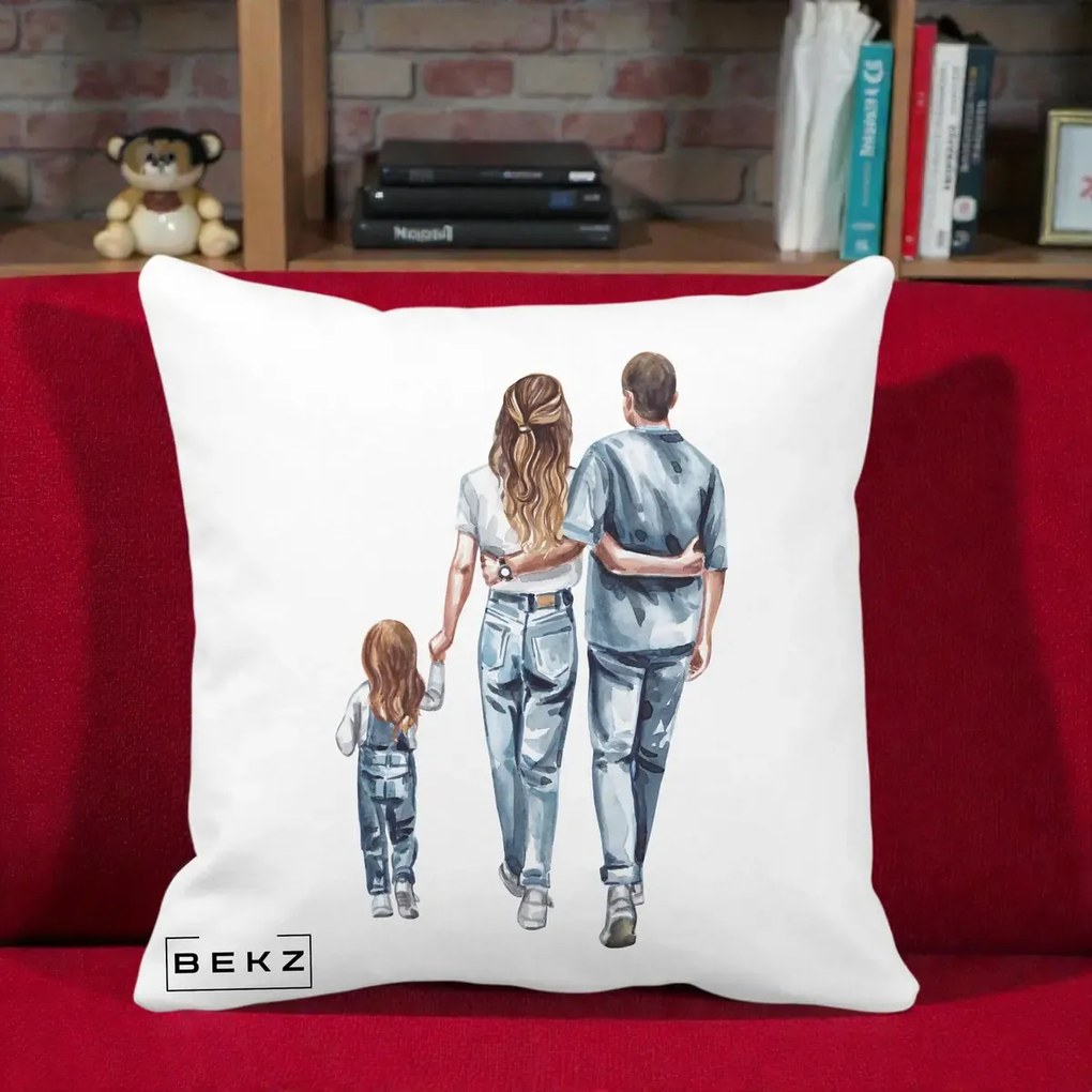 Cadou pentru Familie - Perna Personalizata Familie Acuarela Jeans, 40x40 cm, Alba Mata, Husa Detasabila, Perna Inclusa, BEKZ®