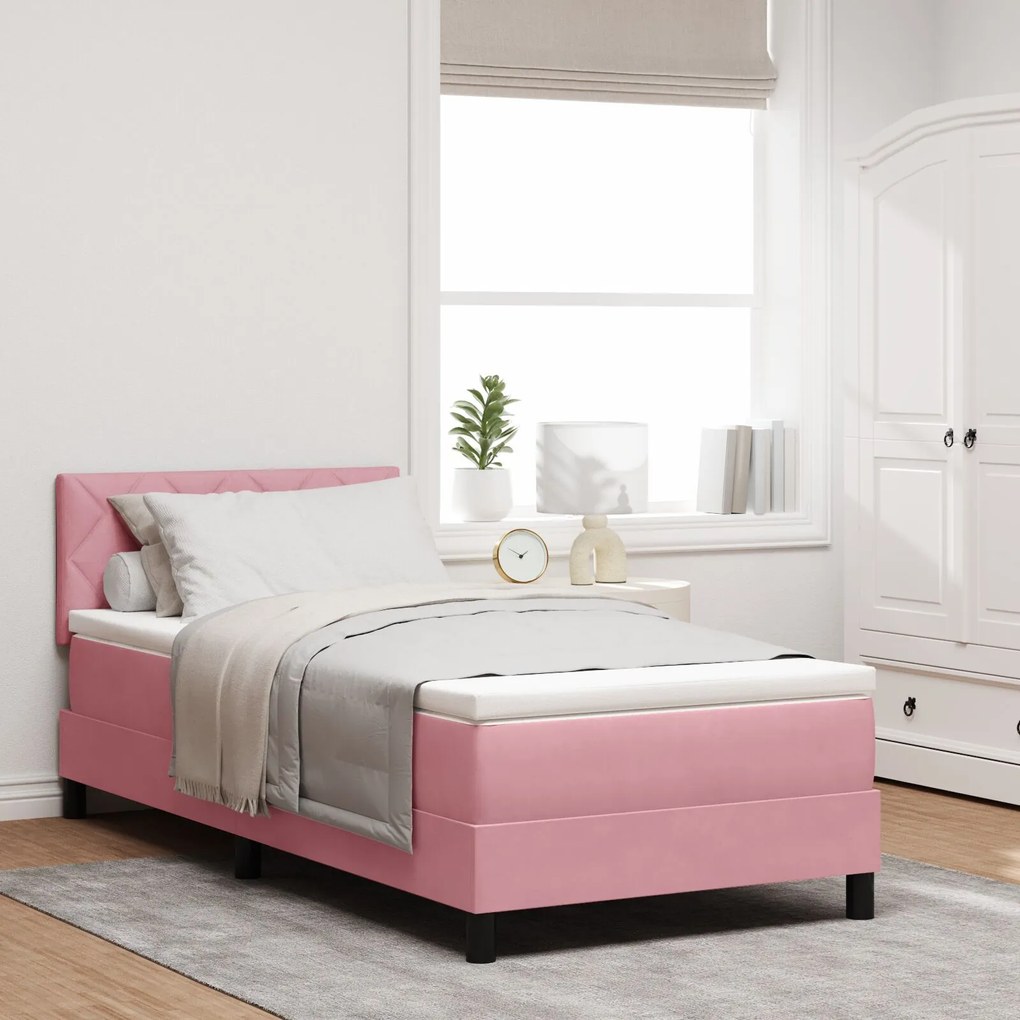 vidaXL Pat box spring cu saltea, roz, 90x200 cm, catifea