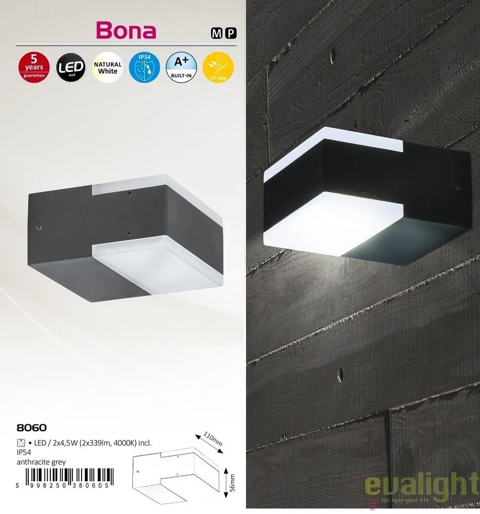 Aplica de perete moderna LED cu protectie IP54, finisaj antracit gri, Bona 8060 RX
