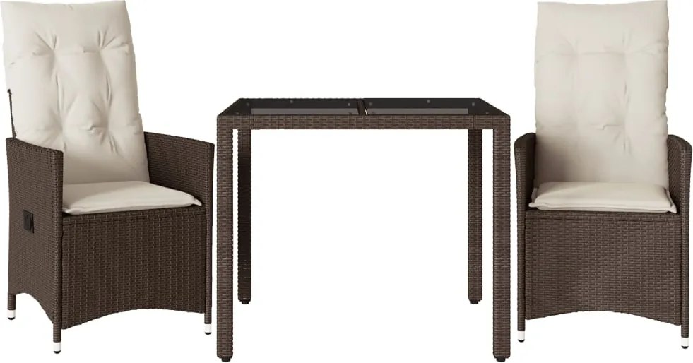 vidaXL Set bistro cu perne, 3 piese, maro, poliratan