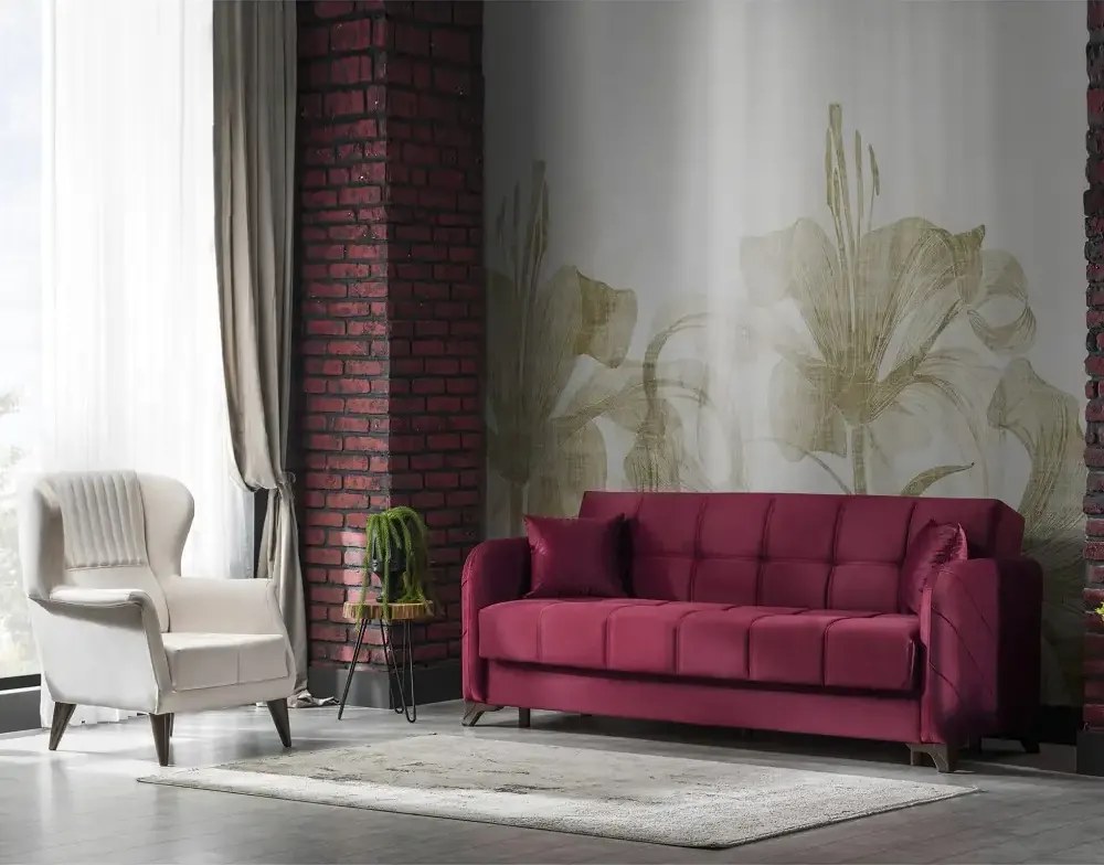 Canapea extensibila cu lada de depozitare living 215x85x90 cm – stofă, roz bordo (trandafiriu)– Roza