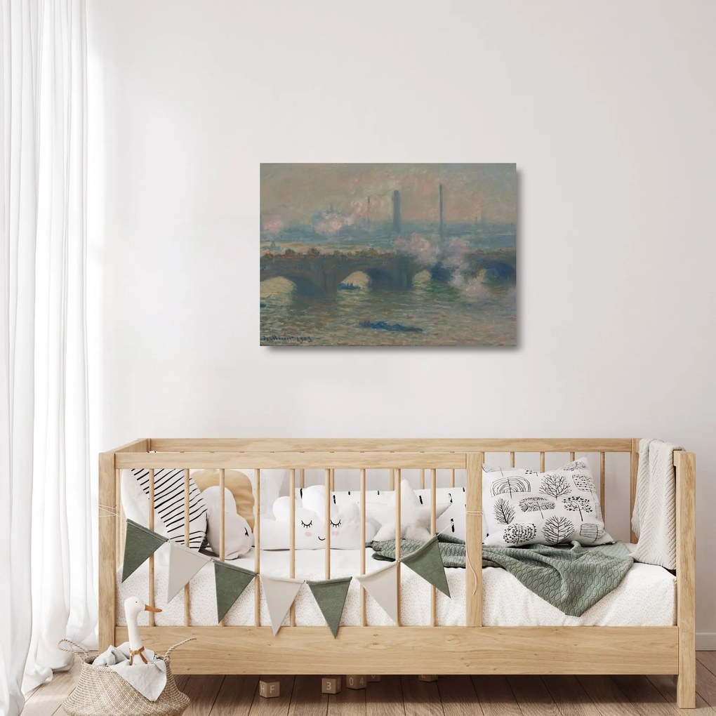 Tablou pe sticlă - Claude Monet, Waterloo Bridge, Gray Day, reproducere (70x50 cm)