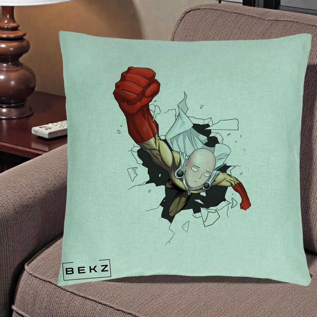 Perna Personalizata One Punch Man Saitama Pumn, 40x40 cm, Verde Menta, Husa Detasabila, Perna Inclusa, BEKZ®