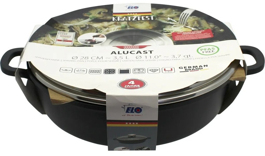 Elo 19628 Tigaie cu capac din sticlă și mâneraromat Alucast 28 cm, 28 cm