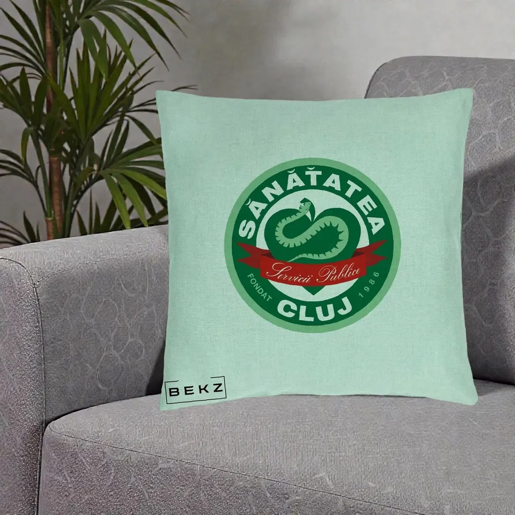 Perna Personalizata Sanatatea Cluj Servicii Publice 1986, 40x40 cm, Verde Menta, Husa Detasabila, Perna Inclusa, BEKZ®