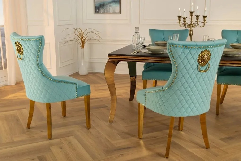 Set 2 scaune Stil Baroc, Catifea, Albastru Deschis, Metal, Auriu, Castle