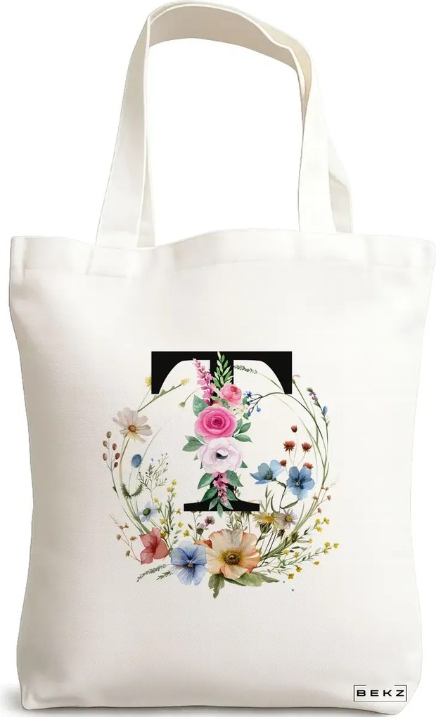 Sacosa de Panza pentru Cumparaturi, Geanta Tote, Cu litera T in Coronita Florala, 38x34.5 cm, Alba, BEKZ®