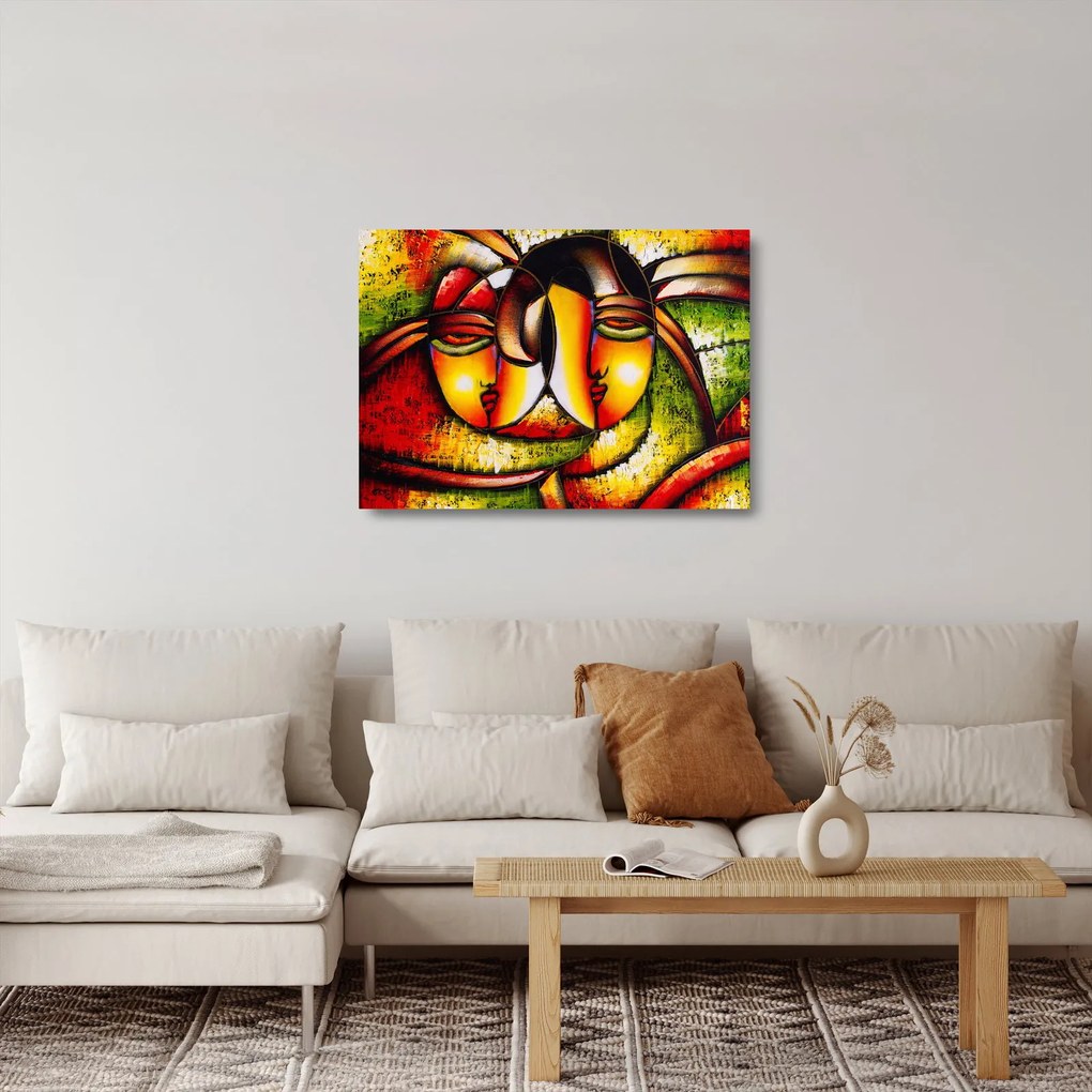 Tablou pe sticlă - Pictură în ulei, chipuri abstracte (70x50 cm)