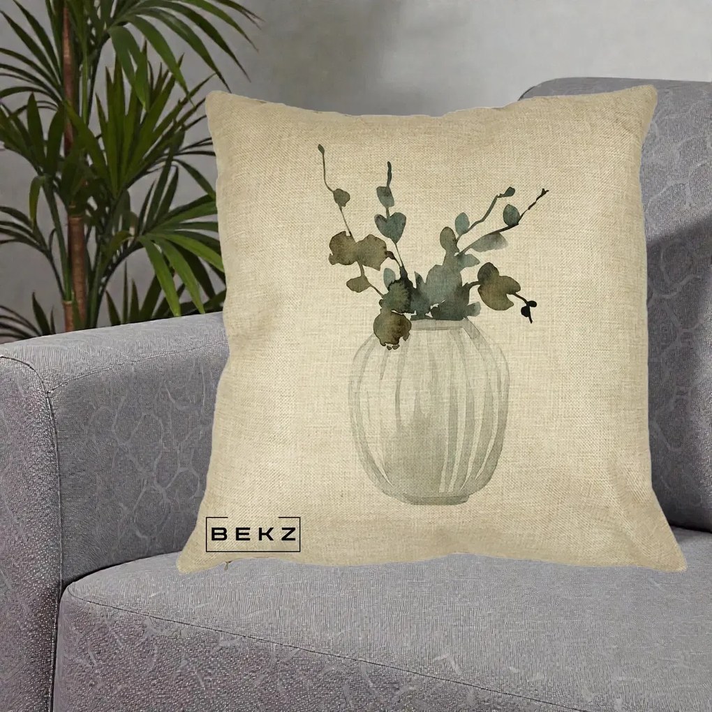 Perna Decorativa Vaza cu Eucalipt Watercolor, 40x40 cm, Crem, Husa Detasabila, Perna Inclusa, BEKZ®