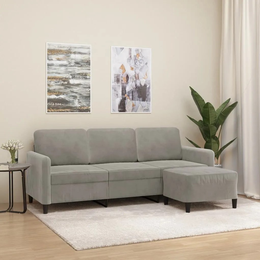 3153567 vidaXL Canapea cu 3 locuri și taburet, gri deschis, 180 cm, catifea