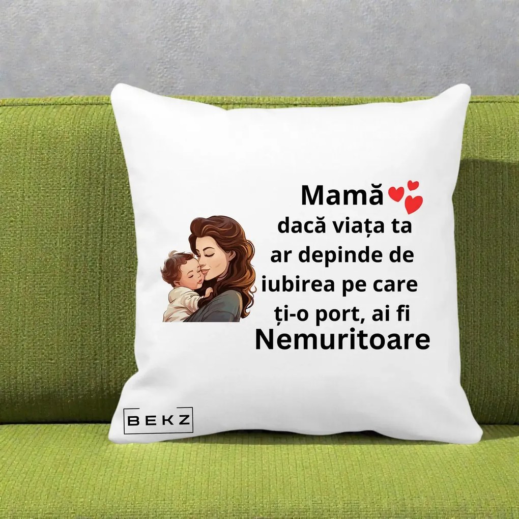 Cadou pentru Mama - Perna Personalizata Mama Nemuritoare cu Bebelus Lineart, 40x40 cm, Alba Mata, Husa Detasabila, Perna Inclusa, BEKZ®