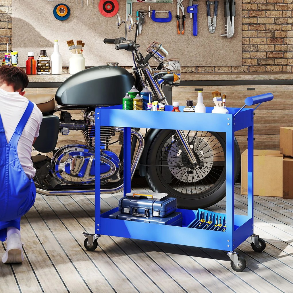 DURHAND Cărucior de atelier servantă cu 2 nivele, mâner lateral și roți blocabile, 84,5x38x84cm, bleu | Aosom Romania
