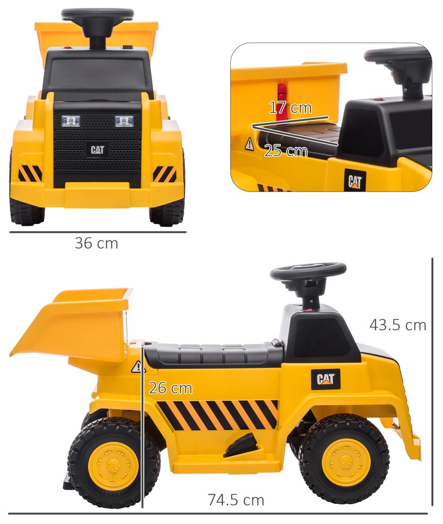 HOMCOM Camion Jucarie Electric cu Licenta CAT, Faruri si Efecte Sonore pentru Copii 18-36 Luni, 74.5x36x43.5 cm, Galben si Negru