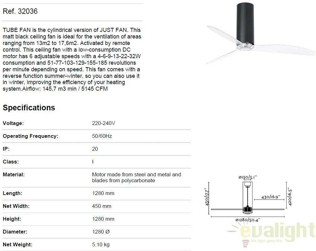 Ventilator cu telecomanda Tube negru mat / maro 32037
