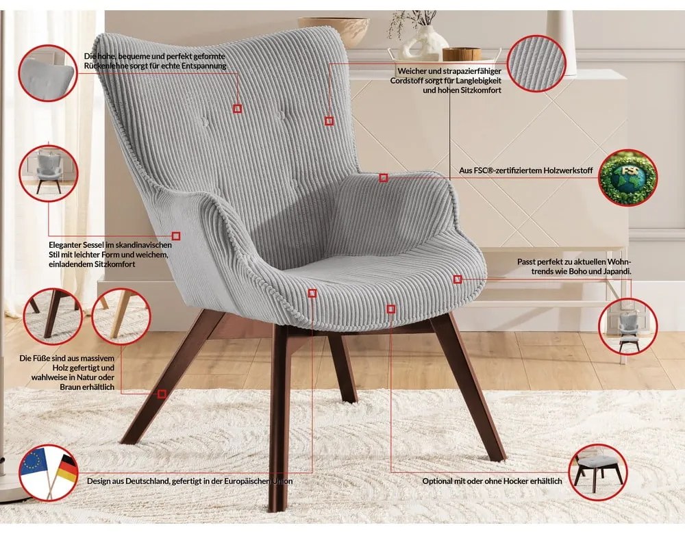 Fotoliu cu taburet gri cu tapițerie din catifea reiată Niko – Ropez