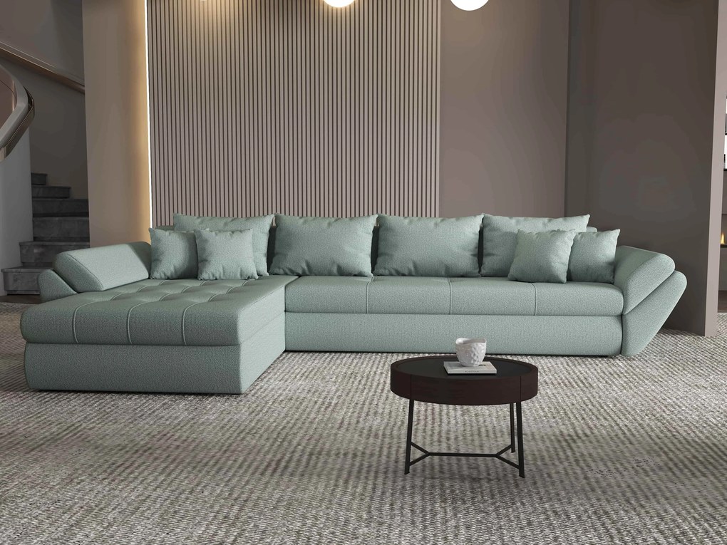 Colțar extensibil dumonde cu ladă de depozitare si sezut confortabil din spuma high-density, Loana XL Enjoy Mint 335x185 cm