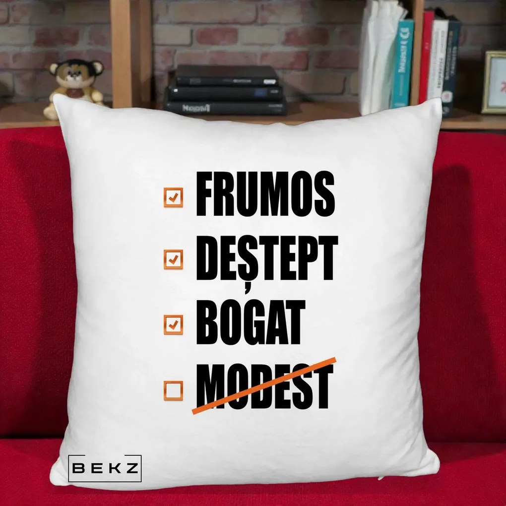 Perna Decorativa Frumos Destept Bogat, 40x40 cm, Alb Pufos, Husa Detasabila, Perna Inclusa, BEKZ®