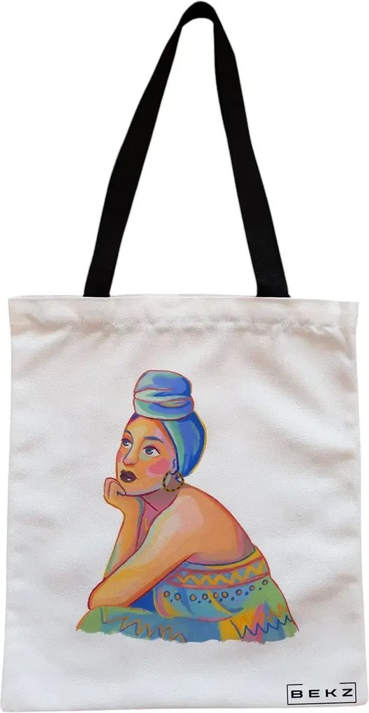 Sacosa de Panza pentru Cumparaturi, Geanta Tote, model Portret Vibrant 2, Cu fermoar, 38x34.5 cm, Alba, BEKZ®