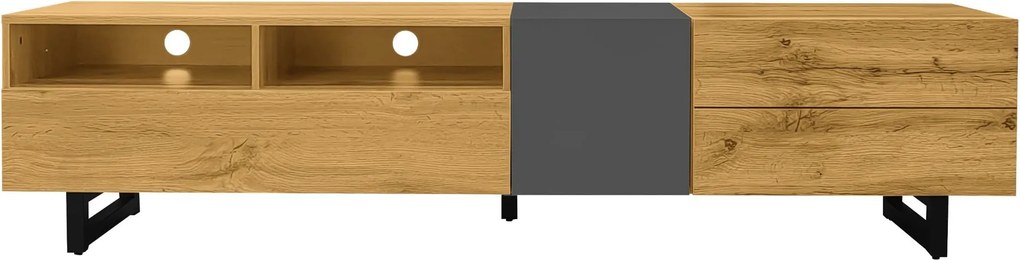 Comodă TV cu 3 uși și 2 compartimente, picioare metalice tip U, 170x36,5x42 cm, Culoare naturală