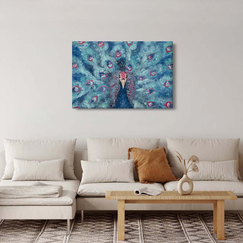 Tablou cu păun pictat (90x60 cm)