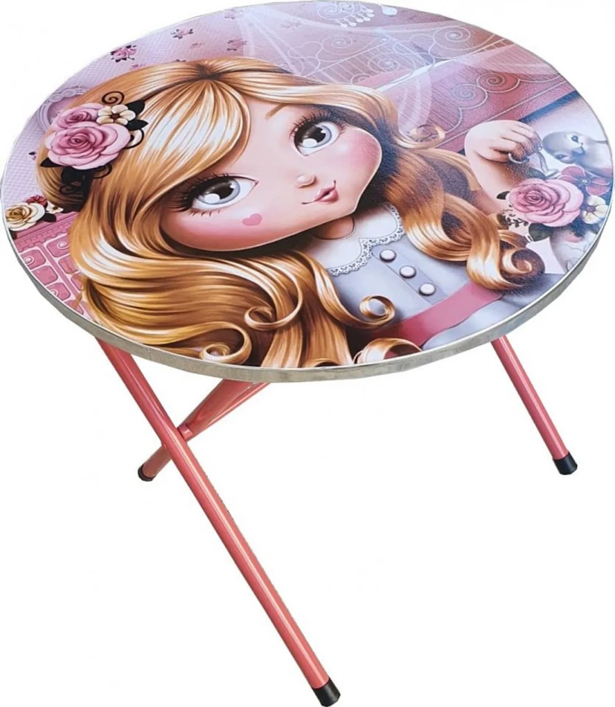 Masuta pliabila pentru copii din MDF Novokids™ Round folding table, Cu doua scaune pliabile, Diametru 60 cm, 2 niveluri de inaltime, Suprafata