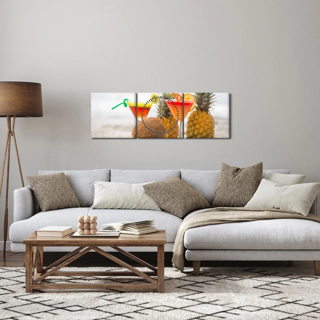 Tablou cu ananas și pahare pe plajă (cu ceas) (90x30 cm)
