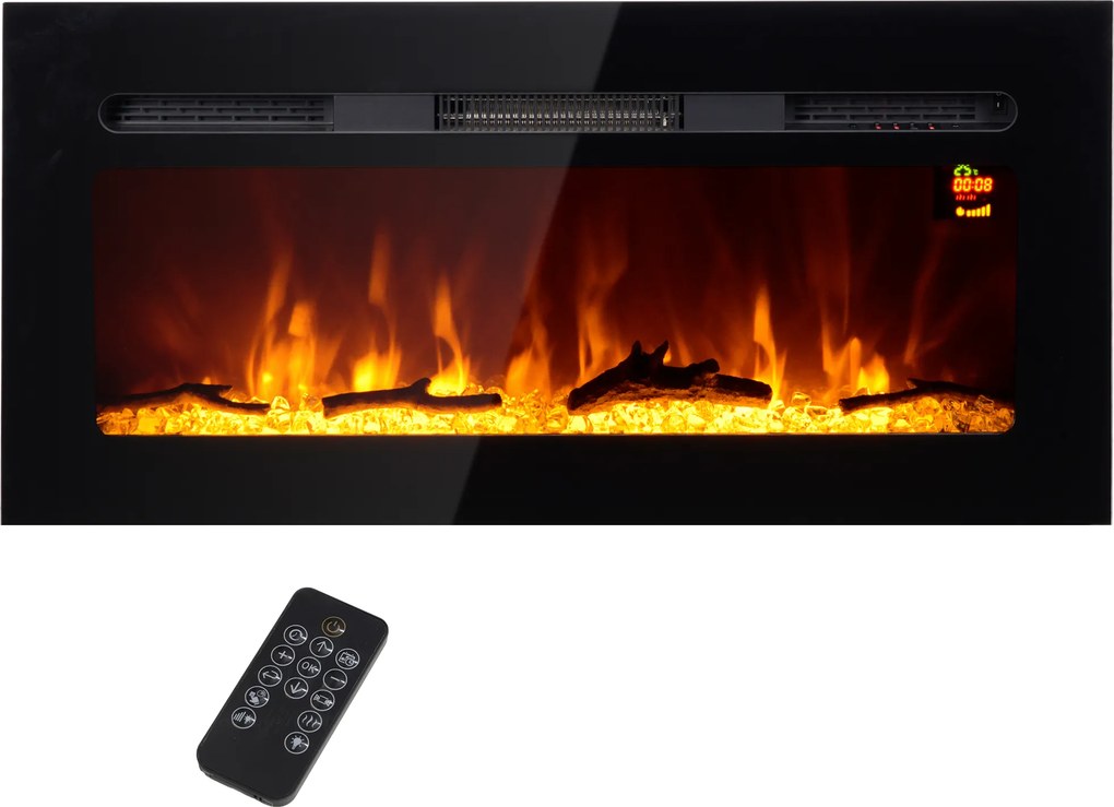 HOMCOM Șemineu Electric cu Telecomandă, Flacără și Iluminare Reglabilă din Oțel și Sticlă Călită, 91,4x15,8x45 cm, Negru | Aosom Romania