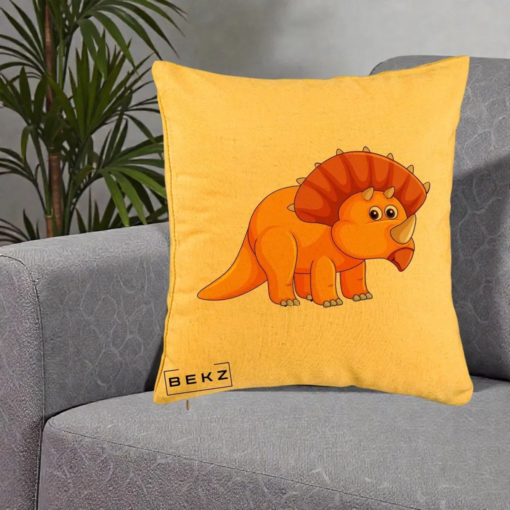 Perna Decorativa Triceratops Portocaliu, 40x40 cm, Galben, Husa Detasabila, Perna Inclusa, BEKZ®