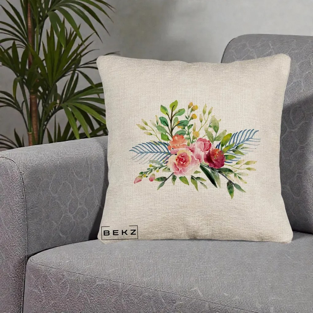 Perna Decorativa Buchet Flori Acuarela Roz-Verde, 40x40 cm, Bej Canapea, Husa Detasabila, Perna Inclusa, BEKZ®
