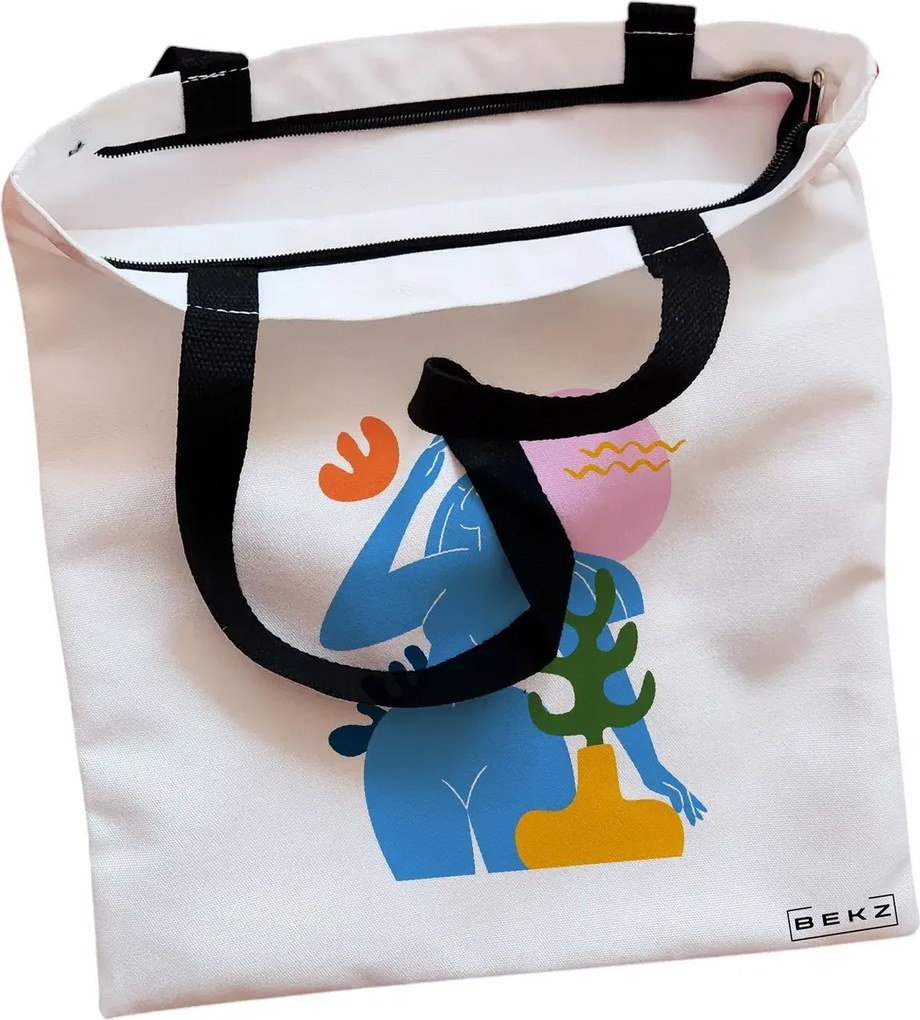 Sacosa de Panza pentru Cumparaturi, Geanta Tote, model Abstract Connection, Cu fermoar, 38x34.5 cm, Alba, BEKZ®