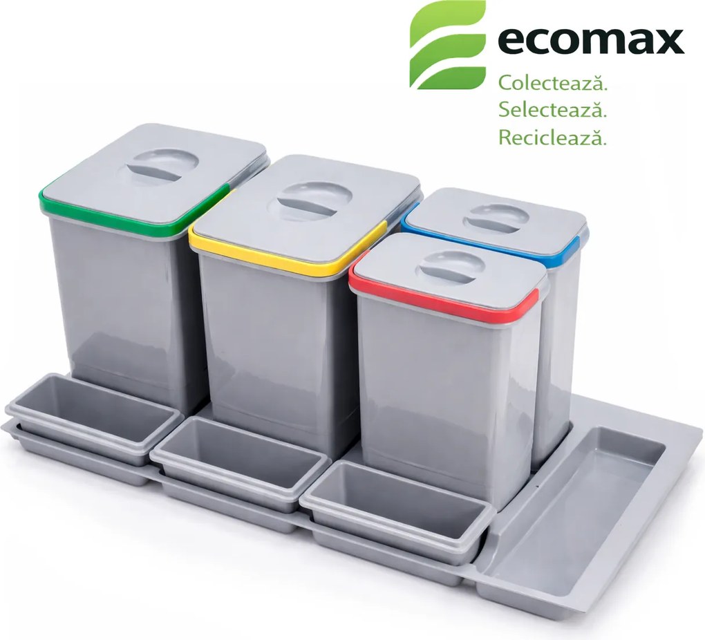 Coș gunoi încorporabil în sertar, Ecomax Praktico 900, colectare selectivă, gri, 2 x 15 l, 2 x 7 l Plastic, H:300 mm; L:810 mm; A:430 mm, Gri